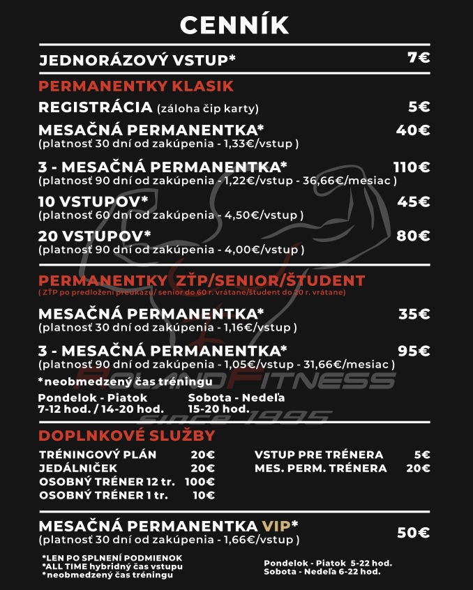 Cenník Roland Fitness – jednorázový vstup, permanentky Klasik, ZŤP/senior/študent, doplnkové služby a VIP